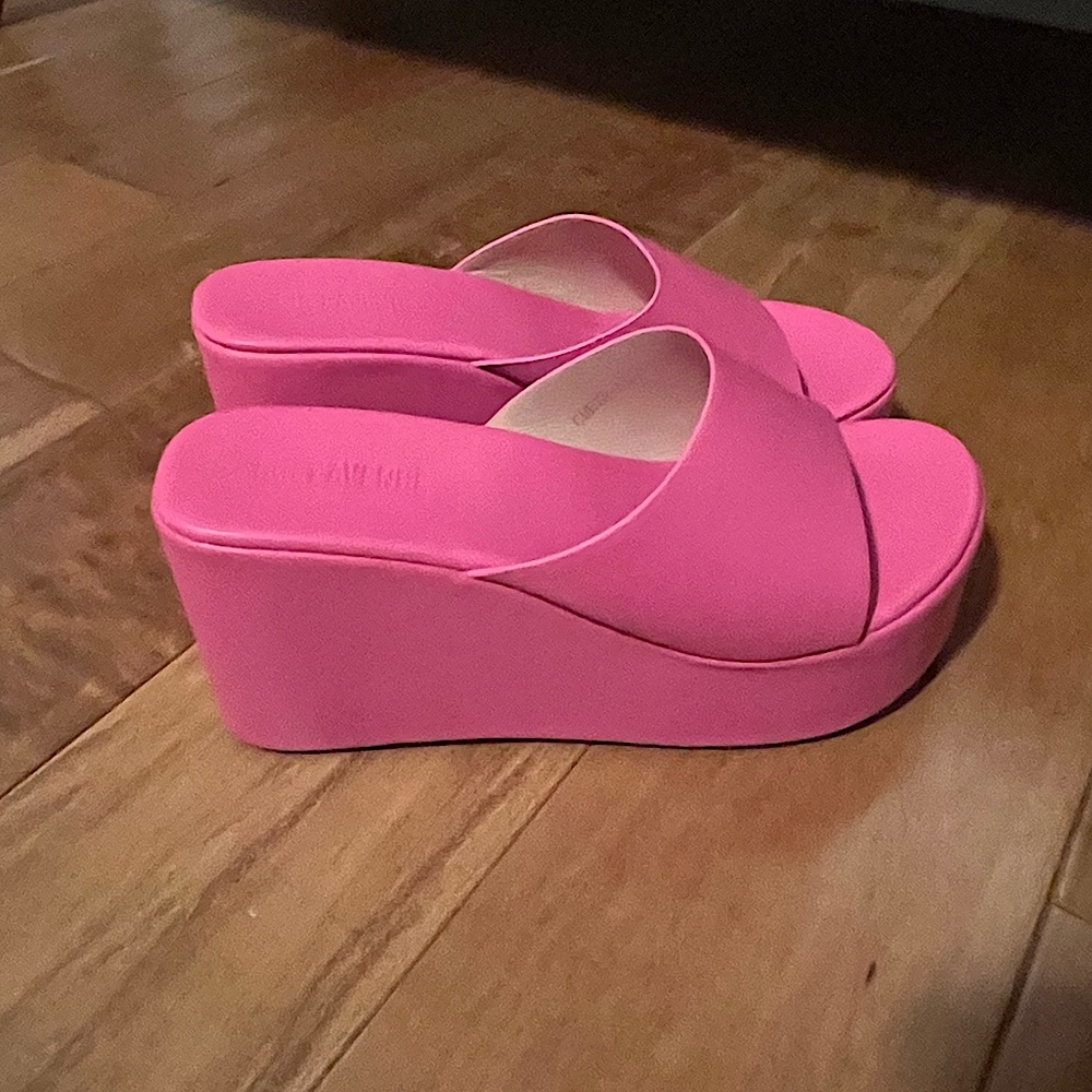 CULT AVENUE WOMEN’S LEATHER PLATFORM SANDAL WEDGES, SIZE US 8, PINK